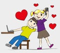 Funny and mischievous cartoon girl hugs boyfriend\'s neck and takes a selfie